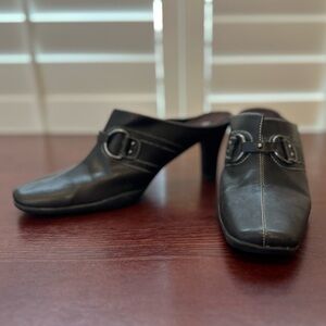 George “Rosa” Chocolate Heeled Mules with Buckle Detail Size 10